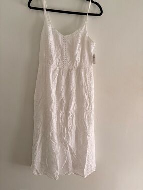White Eyelet Cotton Mini Dress Smocked Back Adjustable Straps Size M Summer